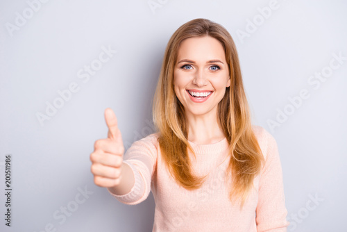 People person optimism positivity recommend concept. Close up portrait of charming stunning pretty attractive cute lovely woman showing finger up sign isolated on gray background copy-space