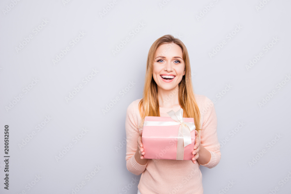 Lifestyle date receive get give you glamorous person casual clothes outfit sweater concept. Portrait of excited rejoicing pretty cute lady with big giftbox in palms isolated gray background copy-space Lifestyle date receive get give you glamorous person casual clothes outfit sweater concept. Portrait of excited rejoicing pretty cute lady with big giftbox in palms isolated gray background copy-space