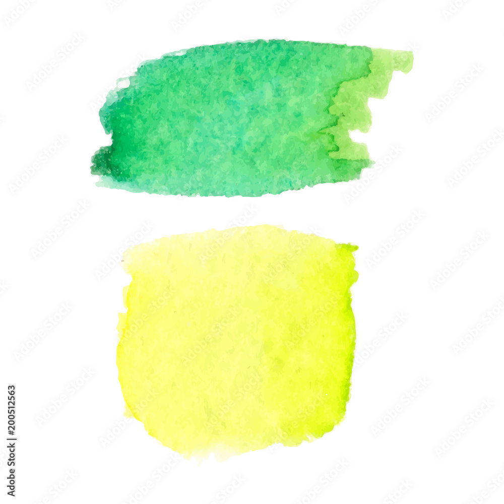 Set of abstract stains. Green and yellow colors. Bright creative backdrop. Watercolor texture with brush strokes. Spots isolated in white background. Trendy colorful design. Hand painted. Vector EPS. Set of abstract stains. Green and yellow colors. Bright creative backdrop. Watercolor texture with brush strokes. Spots isolated in white background. Trendy colorful design. Hand painted. Vector EPS.