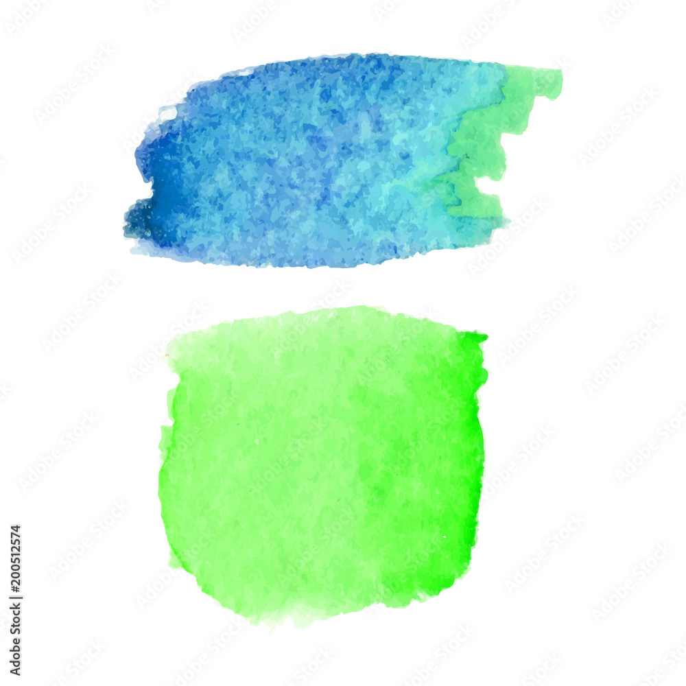 Set of abstract stains. Blue and green colors. Bright creative backdrop. Watercolor texture with brush strokes. Spots isolated in white background. Trendy colorful design. Hand painted. Vector EPS. Set of abstract stains. Blue and green colors. Bright creative backdrop. Watercolor texture with brush strokes. Spots isolated in white background. Trendy colorful design. Hand painted. Vector EPS.