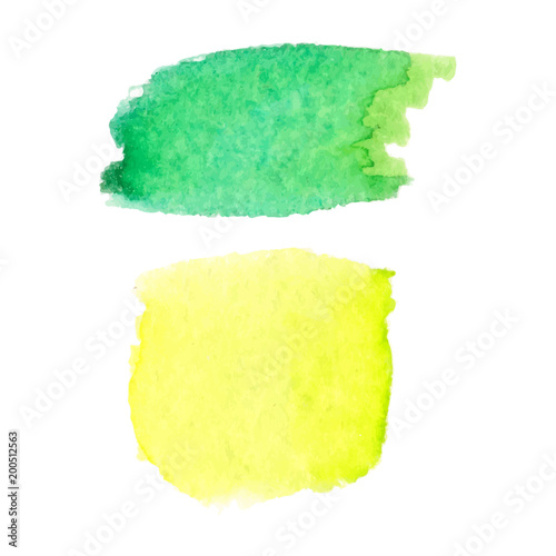 Set of abstract stains. Green and yellow colors. Bright creative backdrop. Watercolor texture with brush strokes. Spots isolated in white background. Trendy colorful design. Hand painted. Vector EPS.