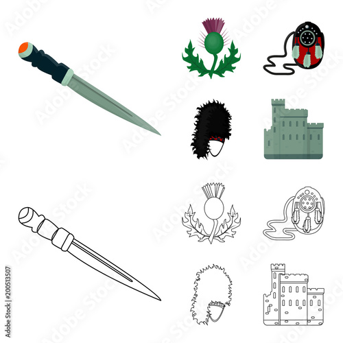 National Dirk Dagger, Thistle National Symbol, Sporran,glengarry.Scotland set collection icons in cartoon,outline style vector symbol stock illustration web.