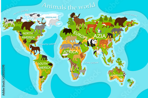 Vector map of animals on a blue background photo