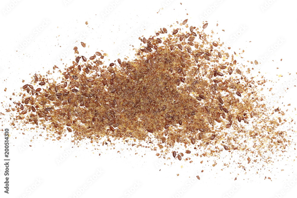 Crushed, milled flax, linen seeds isolated on white background, top view
