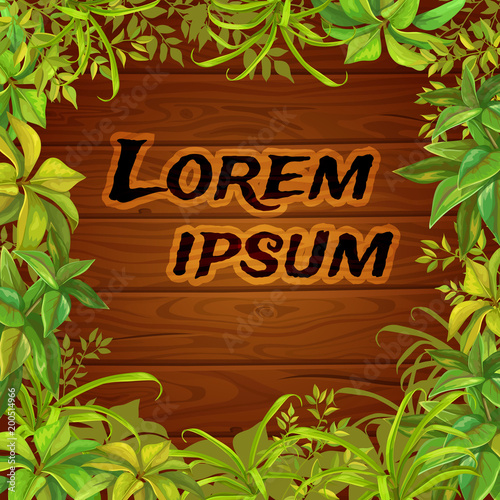 Banner tropical with leaves and wooden background and with space for text 