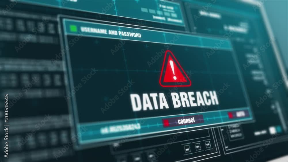 Data Breach Warning notification System Security Alert error message on Computer Screen Entering Login And Password .