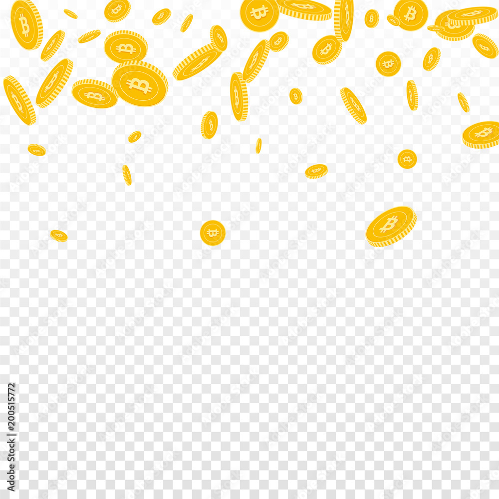 Bitcoin, internet currency coins falling. Scattered disorderly BTC coins on transparent background. Wondrous scatter top gradient vector illustration. Jackpot or success concept. Bitcoin, internet currency coins falling. Scattered disorderly BTC coins on transparent background. Wondrous scatter top gradient vector illustration. Jackpot or success concept.