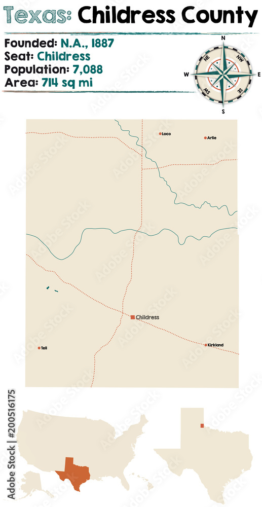 Detailed map of Childress county in Texas, USA.