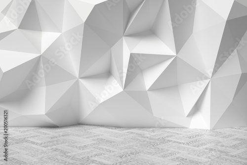 Abstract white room with rumpled wall and white wood parquet