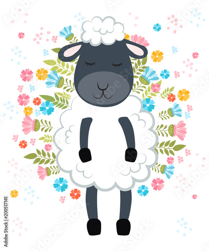 Vector cartoon sketch sheepillustration with flowers