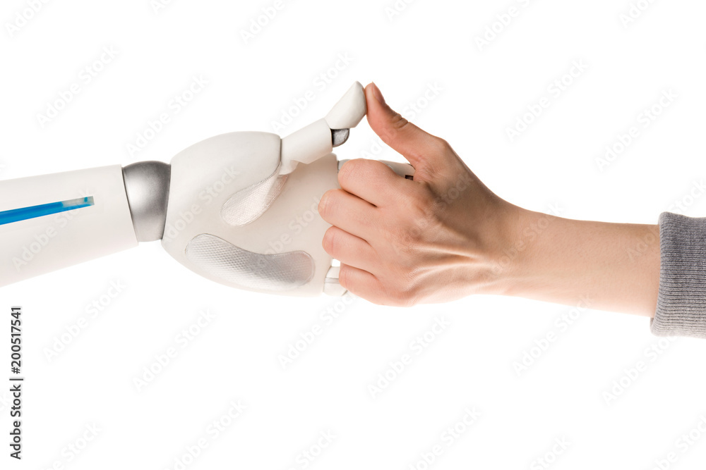 cropped image of robot and woman playing thumb wars isolated on white cropped image of robot and woman playing thumb wars isolated on white