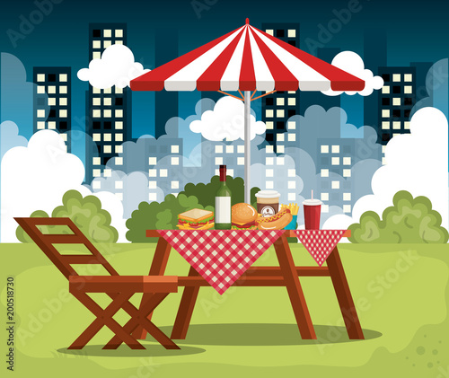 picnic table with umbrella scene vector illustration design