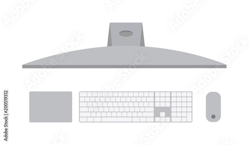 Computer pc, pro top view of a monoblock computer. Conception of professional equipment, monitor, workstation.