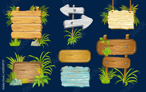 Cartoon game panels in jungle style against a dark background, wooden gui elements with leaves.