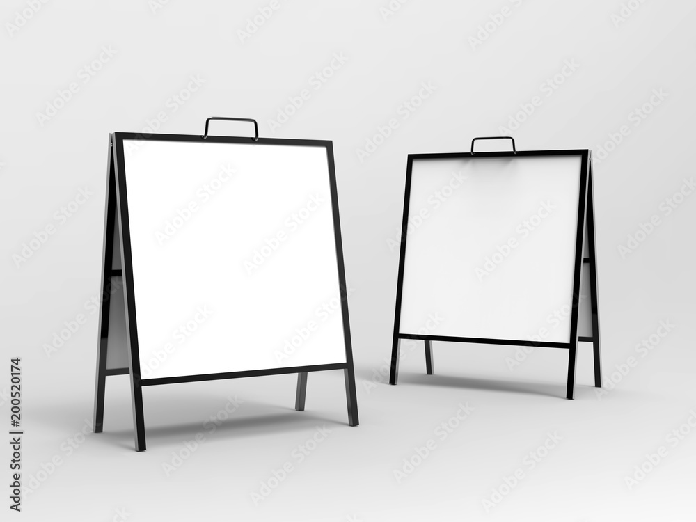 Blank white square A frame metallic outdoor advertising sandwich stand mockup set, isolated, 3d rendering. Clear street signage board mock up. A-board with metal frame template. Blank white square A frame metallic outdoor advertising sandwich stand mockup set, isolated, 3d rendering. Clear street signage board mock up. A-board with metal frame template.