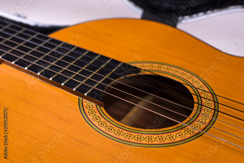 Strigs of acoustic spanish guitar, close up 