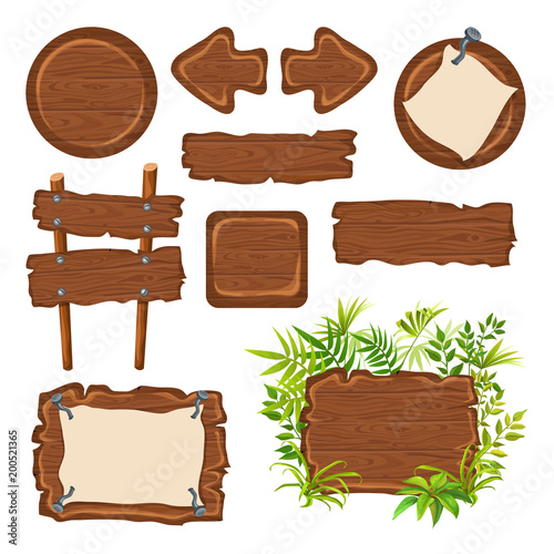 Wooden sign set isolated on white background vector illustration. Round, square and arrow shapes blank wooden sign board for message. Cartoon style wooden signpost collection