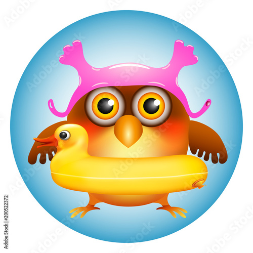 funny cartoon owl in rubber swim cap and with duck swim ring
