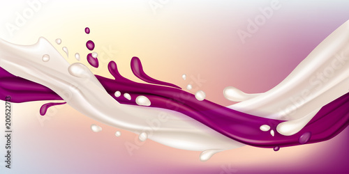 Blueberry and milk. Jam and yogurt. Splashes of milk and blueberry jam are intertwined. Transparent blueberry splash. Realistic Vector illustration.