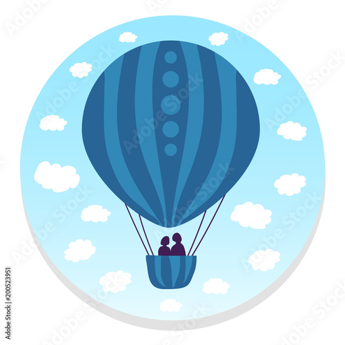 A aerostat balloon flies in the sky amidst white clouds. The ball is decorated with strips and circles. In the basket there are 2 people, a couple in love. Vector colored illustration on a round.