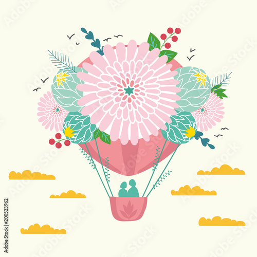 A pink aerostat balloon in the sky among the clouds and birds. The ball is decorated with flowers, leaves and berries. In the basket there are 2 people, a couple in love. Vector color illustration.