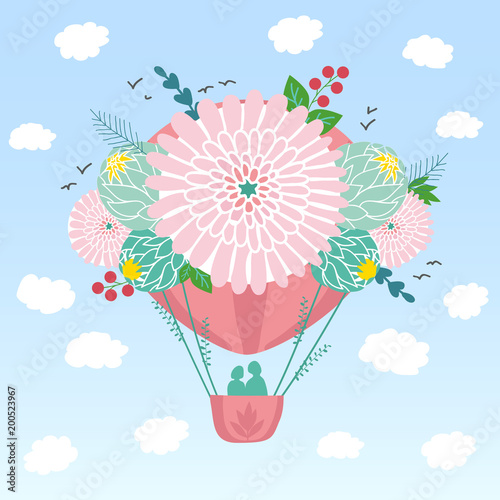 A pink aerostat balloon in the sky among the clouds and birds. The ball is decorated with flowers, leaves and berries. In the basket there are 2 people, a couple in love. Vector color illustration.