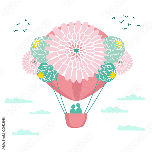 A aerostat balloon flies in the sky among clouds and birds. The ball is decorated with flowers. In the basket there are 2 people, a couple in love. Vector color illustration.