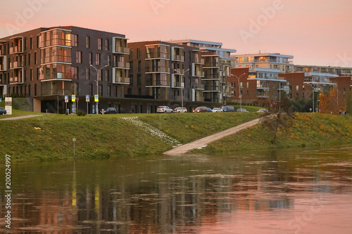 Vilnius, Lithuania The Neris River at sunset. cityscape.