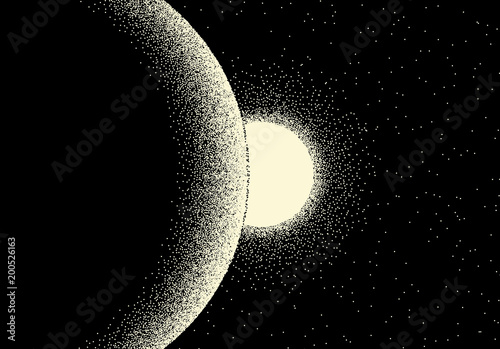 Space landscape with scenic view on planet and stars made with retro dotwork style