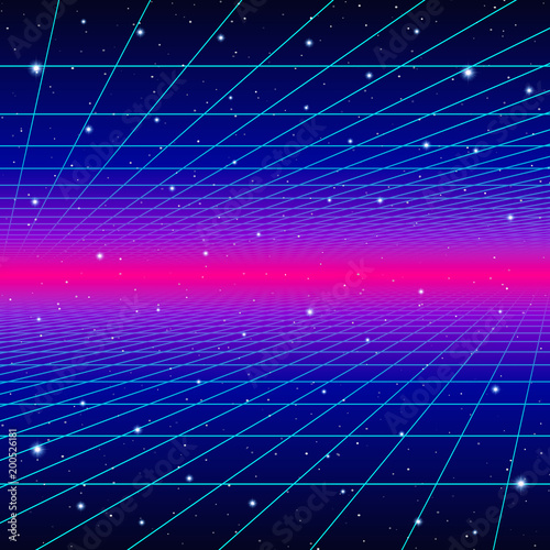 Retro neon background with 80s styled laser grid and stars