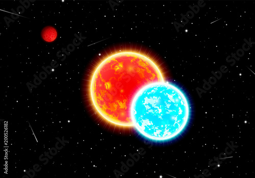 Fototapeta Naklejka Na Ścianę i Meble -  Scenic space landscape with double sun or star and planet or satellite
