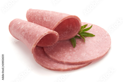 Salami smoked sausage slices (wrapped), isolated on white background.