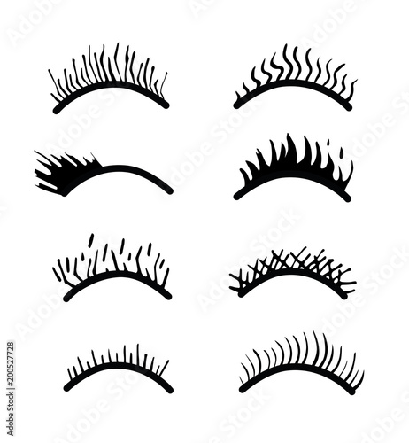 Vector eyelashes set .Open eyes hand drawn vector.fashion style.Fake Eyelash extension make up.Vector illustration in a modern style. Passion look.Simple flat