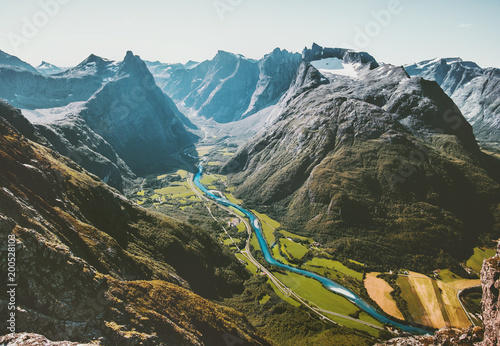 Landscape Mountains aerial view valley and river in Norway Travel scenery scandinavian nature Romsdalseggen ridge photo