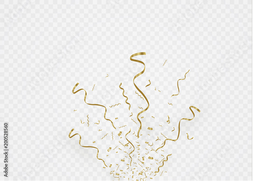 Golden confetti  isolated on cellular background. Festive vector illustration Tiny confetti with ribbon on white background. Festive event and party. Vector yellow.