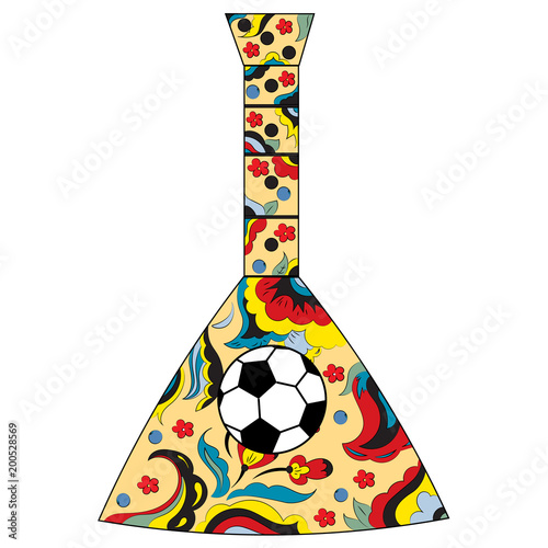 Russian folk musical instrument balalaika and soccer ball. Theme football in Russia.