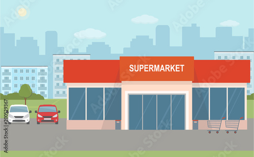 Supermarket building and two cars on city background. Urban landscape. Flat style, vector illustration.
