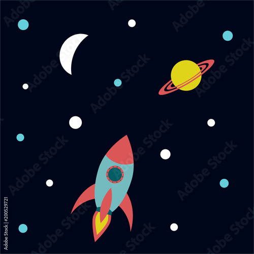 Cute rocket ship in flight vector illustration with stars, planet and moon