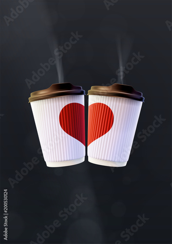 Coffee Love Poster Template. White Ripple Cups with a Red Heart on a Black Background