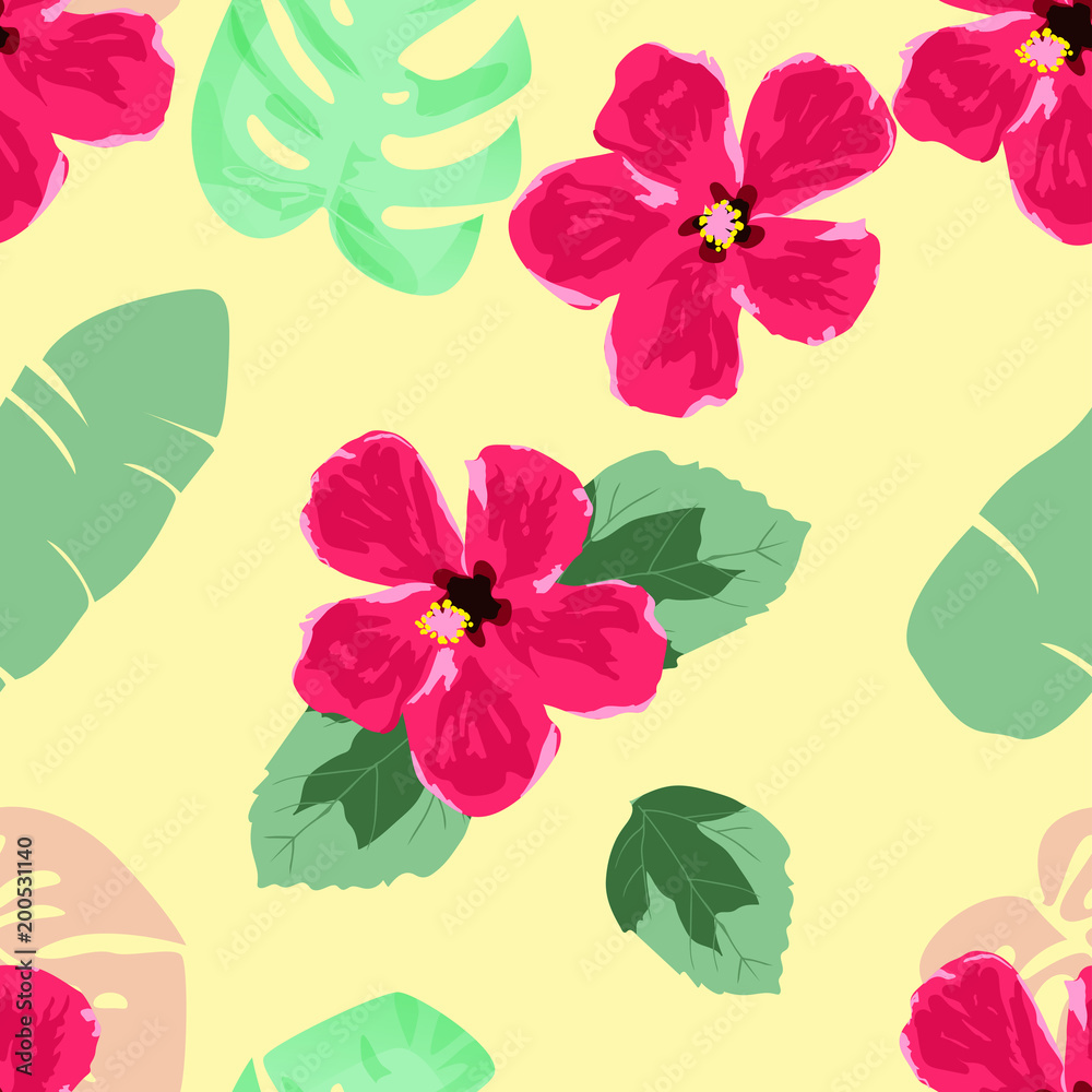 Hand draw hibiscus flower and tropical leaves seamless pattern. Hand draw hibiscus flower and tropical leaves seamless pattern.