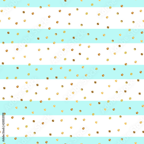 Golden dots seamless pattern on blue striped background. Fair gradient golden dots endless random scattered confetti on blue striped background. Confetti fall chaotic decor. Modern creative pattern.