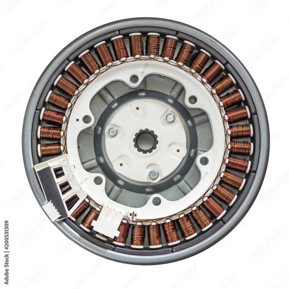 Electric motor washing machine isolated on white. Details of automatic engine washer on white