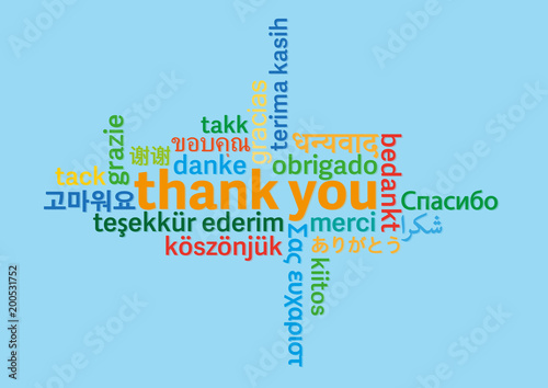 colorful thank you word cloud in different languages on light blue background