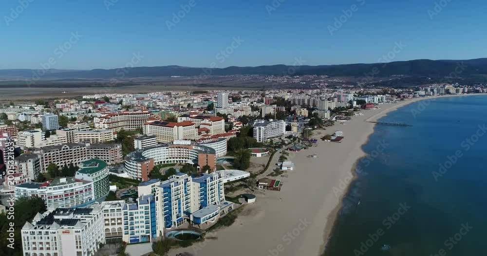 4k aerial video of the Sunny Beach, Bulgaria. Sunny Beach (Slanchev Bryag) is a major seaside resort on the Black Sea coast of Bulgaria, near Burgas 4k aerial video of the Sunny Beach, Bulgaria. Sunny Beach (Slanchev Bryag) is a major seaside resort on the Black Sea coast of Bulgaria, near Burgas