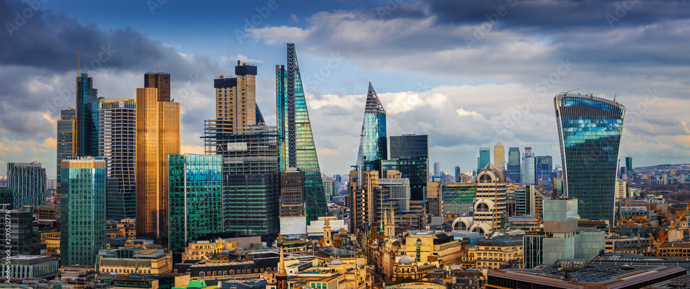 London, England - Panoramic skyline view of Bank and Canary Wharf ...