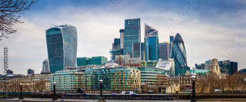 London, England - Panoramic view of Bank, London's leading financial district with blue sky and clouds