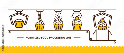 Set of icons of food processing industry. Automated line of confectionery at the factory. Vector illustration in modern style