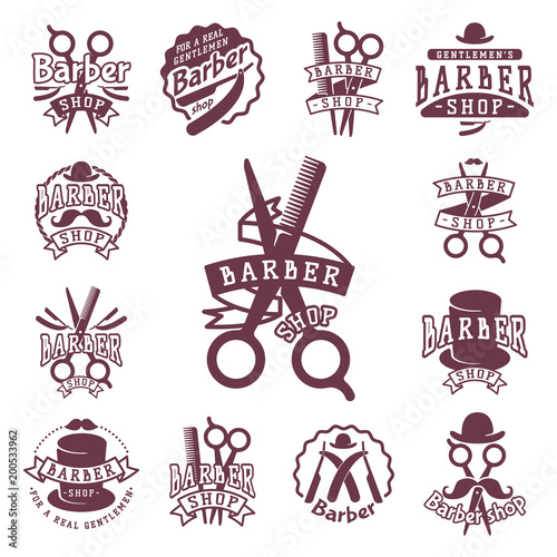 Vintage barber vector logo retro style haircutter typography flourishes calligraphic barbershop icon illustration.