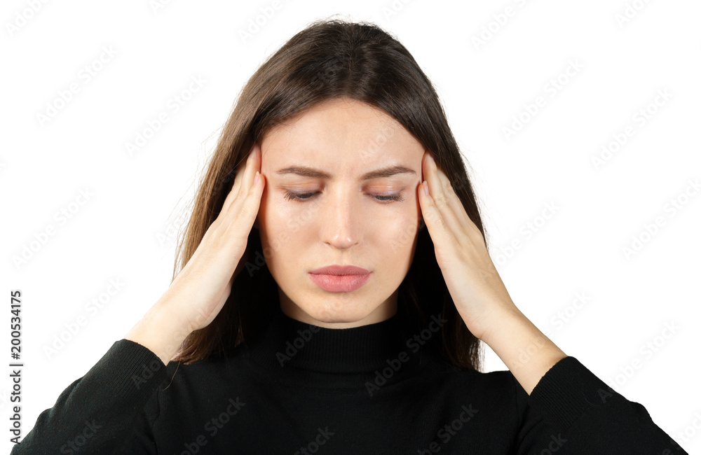 Young caucasian woman suffering from a headache isolated on white background Young caucasian woman suffering from a headache isolated on white background