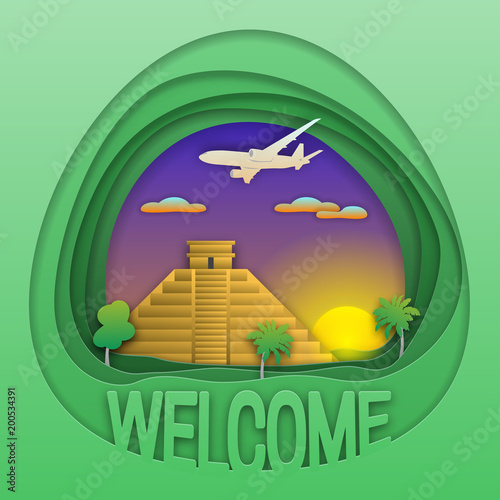 Welcome to Chichen Itza travel concept emblem. Sunset, Mayan pyramid, trees and aircraft in the sky. Tourist label illustration in paper cut style. photo